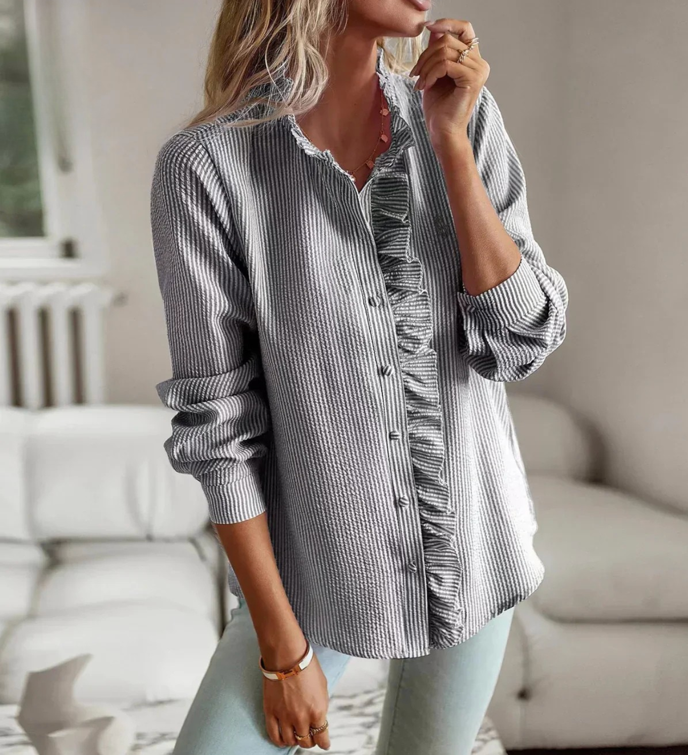 Elegant Ruffle Trim Button-Up Blouse